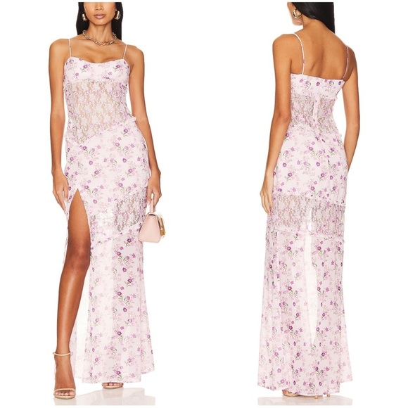 Lovers + Friends Kenzie Gown Pink Floral Lace Maxi Dress Size Medium - Picture 1 of 14